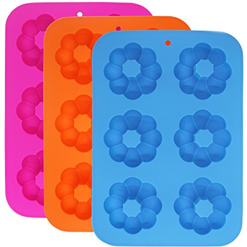 FineGood 3 moldes de silicona para hacer donuts, 6 cavidades de calabaza, donuta, bandejas para hacer donas, bandeja para galletas, color azul, naranja, rosa