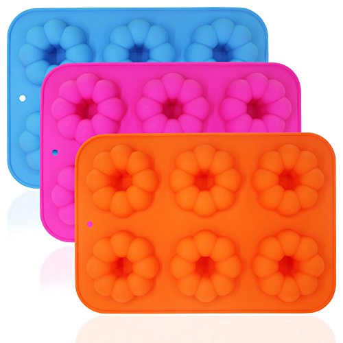 FineGood 3 moldes de silicona para hacer donuts, 6 cavidades de calabaza, donuta, bandejas para hacer donas, bandeja para galletas, color azul, naranja, rosa