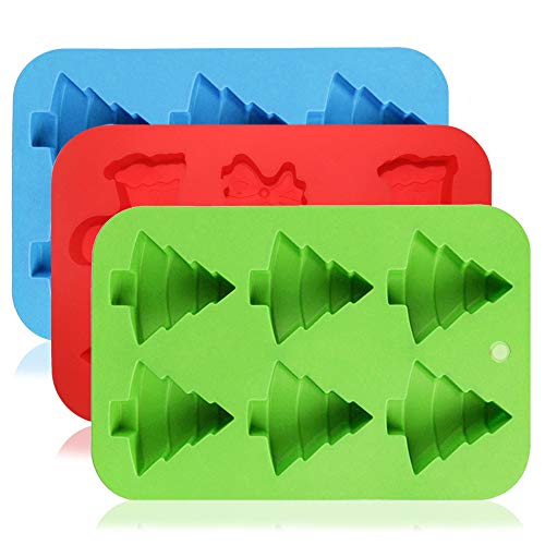 FineGood Pack de 3 moldes de Silicona, Formas de árboles de Navidad, Calcetines y Campanas, Bandejas para Hornear para Pasteles navideños, Caramelos, Bombones, Jalea, jabón - Verde, Azul, Rojo