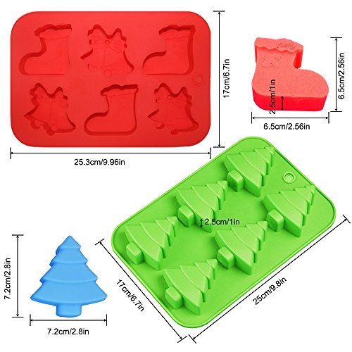 FineGood Pack de 3 moldes de Silicona, Formas de árboles de Navidad, Calcetines y Campanas, Bandejas para Hornear para Pasteles navideños, Caramelos, Bombones, Jalea, jabón - Verde, Azul, Rojo