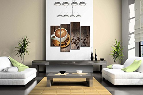 First Wall Art - Una Taza de Café con Patrón de Corazón Comedor Cuadros en Lienzo Granos de Café en la Mesa Decoracion de Pared 4 Piezas Modernos Mural Fotos para Salon,Dormitorio,Baño