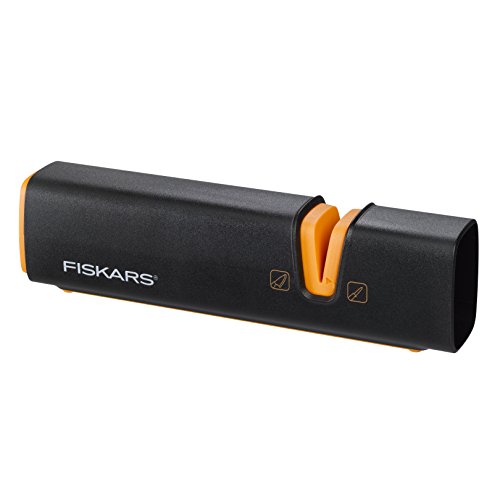 Fiskars Afilador de cuchillos para el afilado de hojas de acero, Piedra de moler cerámica, Edge, Roll-Sharp, Negro/Naranja, 1003098