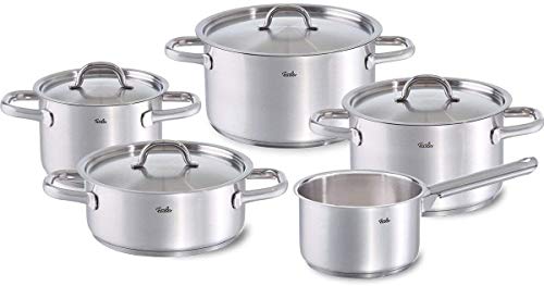 Fissler family line / Juego de ollas de acero inoxidable, compuesto por 5 piezas (3 ollas de cocción, 1 rustidera, 1 cazo) con tapaderas, lavable en el lavavajillas y apto para inducción