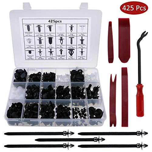 Fixget Caja de Herramientas Zexuan, 425 Unidades, Abrazaderas para Paneles de Puerta, Clips para fijación de Parachoques, Set para automóvil con Herramientas de extracción, 22,5 cm, Color Negro