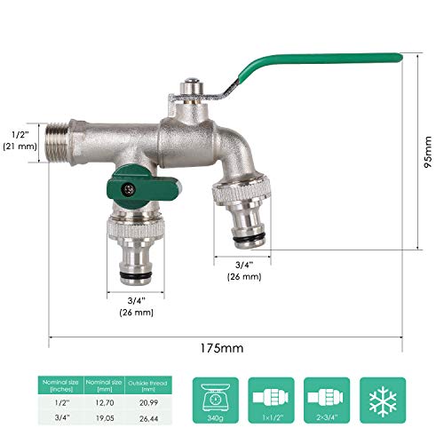 Fixkit Grifo de Jardín, Grifo Doble de 1/2" x 3/4", Grifo de Agua Vertical, Grifo de Latón de Alta Calidad con Doble Conexión y Boquilla para Manguera para Jardín, Hogar e Industria