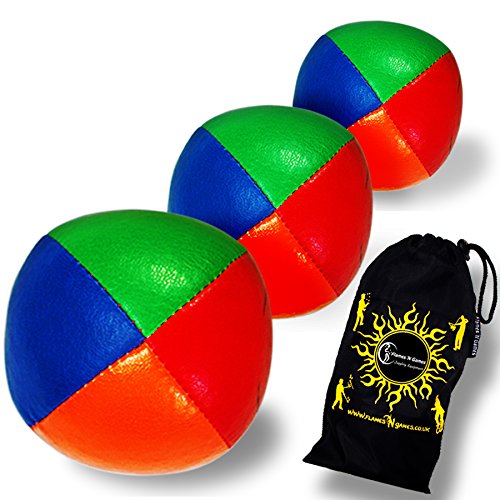 Flames 'N Games Juego de 3 Bolas de Malabares de Cuero de 4 Colores + Bolsa - ¡Pelotas de Malabares Profesionales para Todas Las Habilidades! (Rojo / Naranja / Azul / Verde)