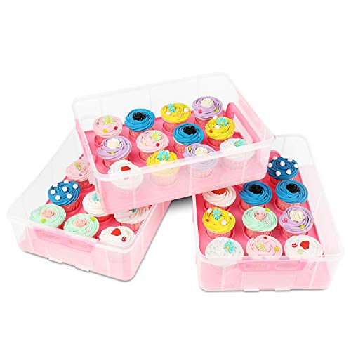 Flexzion Caja apilable para Cupcakes y Magdalenas, Contenedor de plástico con 36 Ranuras de 3 Niveles, Recipiente de Cocina para Transportar Tarta con Mango Ligero (Color Rosa)