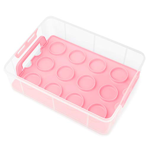 Flexzion Caja apilable para Cupcakes y Magdalenas, Contenedor de plástico con 36 Ranuras de 3 Niveles, Recipiente de Cocina para Transportar Tarta con Mango Ligero (Color Rosa)