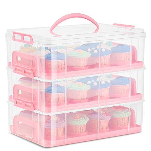 Flexzion Caja apilable para Cupcakes y Magdalenas, Contenedor de plástico con 36 Ranuras de 3 Niveles, Recipiente de Cocina para Transportar Tarta con Mango Ligero (Color Rosa)