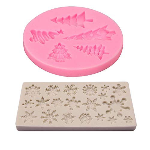 Fleymu DIY Silicona Navidad Molde Set Cocina Herramienta Horneado Pastel Fondant Bricolaje Mold Árbole Navidad Copo Nieve Molde para Pasteles Navideño, Caramelo, Bombon, Azúcar, Jalea, Jabón (2 Trozo)