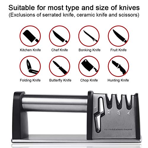 flintronic Afilador de Cuchillos, Afilador de Cuchillos Manual de 4 in 1, Base Antideslizante para Kinfe de Cocina, para Cuchillo Santoku, Cuchillo de Cocina, Tijeras (Incluye 1 Protector de Dedos)