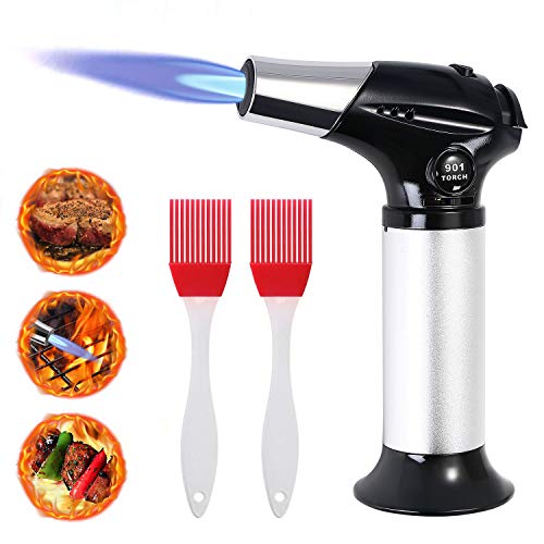 flintronic® Antorcha de Cocina, Antorcha de Butano Rellenable con Cierre de Seguridad, Llama Ajustable con 2 Cepillos de Silicona para Cocinar, Barbacoa, Pasteles, Soldadura (Gas Butano no Incluido)