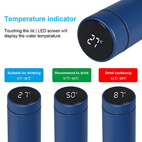 flintronic Taza de Viaje, Termo Taza 500ML Travel Mug, Frasco de Vacío de Acero Inoxidable, Pantalla LED Táctil Inteligente con Temperatura, Térmica de Doble Pared, Aislado al Vacío - Azul