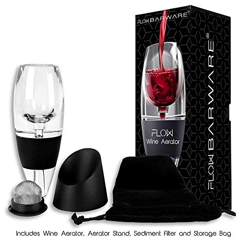 Flow - Aireador de vino con soporte, filtro de sedimentos y bolsa de almacenamiento. Set de regalo para los amantes del vino tinto de FLOW Barware