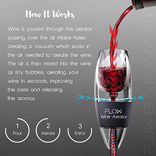 Flow - Aireador de vino con soporte, filtro de sedimentos y bolsa de almacenamiento. Set de regalo para los amantes del vino tinto de FLOW Barware