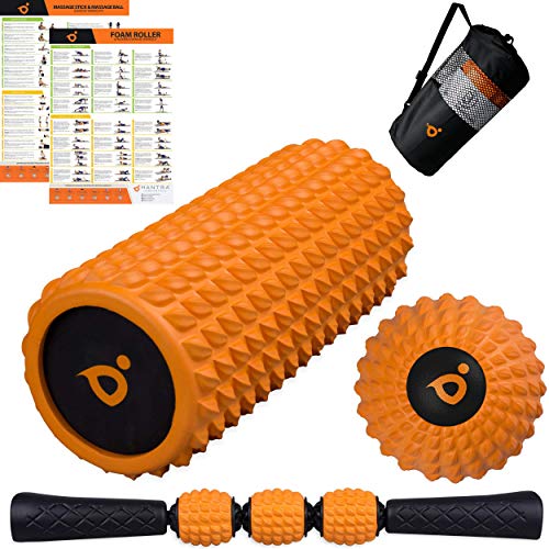 Foam Roller Masaje Kit | Rodillo de Espuma | Rodillo Masaje Muscular Stick | Spikey Lacrosse Pelota de Massager - Trigger Point Terapia Bola Accesorios para Yoga, Pilates, Gimnasio y Deportes en Casa