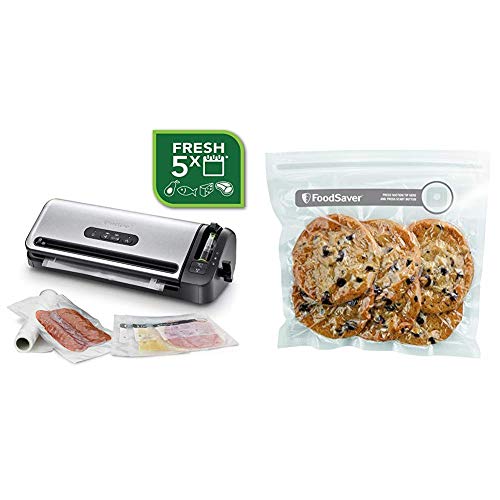 Foodsaver FFS017X Envasadora al vacío, 120 W, Acero Inoxidable, Gris y negro + FVB015X Bolsas para envasador al vacío con cierre tipo zip, 0.95 litros, 0 Decibelios, Plástico, Transparente