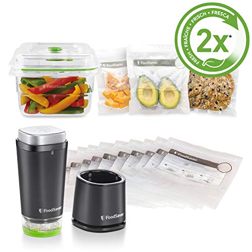 FoodSaver FVB015X Bolsas para envasador al vacío con cierre tipo zip, 0.95 litros + FoodSaver VS1192X Envasadora al vacío de alimentos inalámbrica y portátil con base de carga