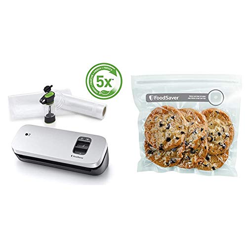 FoodSaver VS1190X - Envasadora al vacío de alimentos compacta con accesorio sellador manual + FVB015X Bolsas para envasador al vacío con cierre tipo zip, 0.95 litros, 0 Decibelios