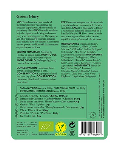 Fórmula Detox -Green Glory - Depurativo - Hígado - Riñones- Composición muy completa : Hierba trigo+Cebada+Chlorella+Cardo Mariano+Inulina Agave+Alfalfa+Aloe Vera+Kale+Regaliz-150g