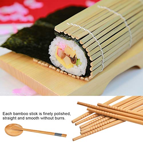 FOROREH Sushi Mat Set, Sushi Mat Bamboo Sushi para principiantes, DIY Bamboo Roll Mat Sushi Making, 2 Roll Mat, 5 pares de palillos, 1 almohadilla de arroz, 1 distribuidor de arroz, 1 plato de sushi