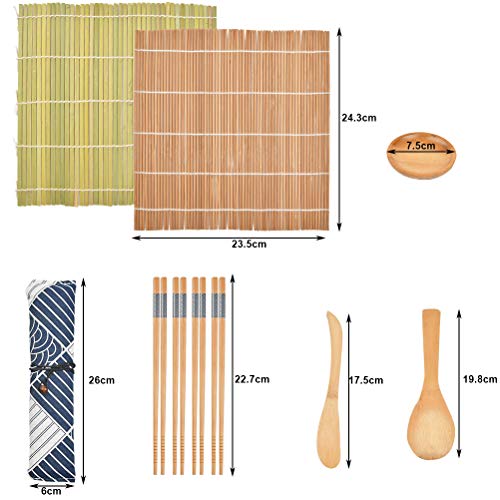 FOROREH Sushi Mat Set, Sushi Mat Bamboo Sushi para principiantes, DIY Bamboo Roll Mat Sushi Making, 2 Roll Mat, 5 pares de palillos, 1 almohadilla de arroz, 1 distribuidor de arroz, 1 plato de sushi