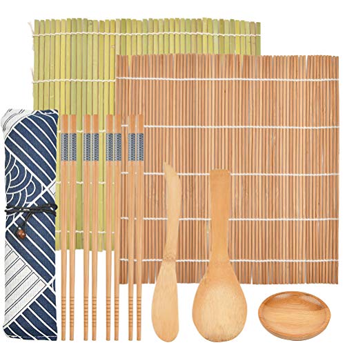 FOROREH Sushi Mat Set, Sushi Mat Bamboo Sushi para principiantes, DIY Bamboo Roll Mat Sushi Making, 2 Roll Mat, 5 pares de palillos, 1 almohadilla de arroz, 1 distribuidor de arroz, 1 plato de sushi