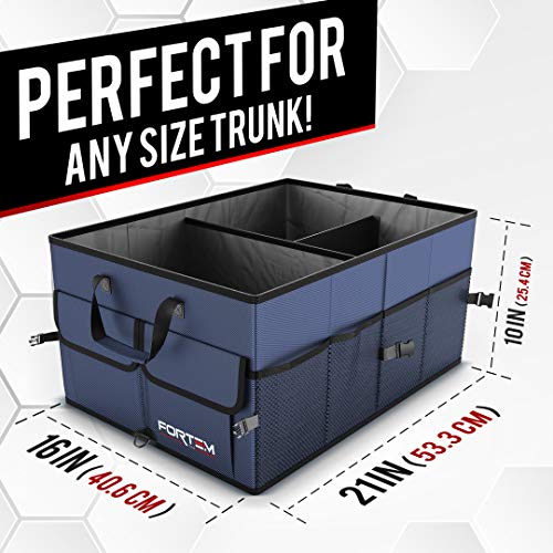 FORTEM Organizador de Maletero para Coche, Caja de Almacenamiento Plegable con Compartimentos, Base Antideslizante, Correas, Bolsillos (Azul, Organizador con Tapa)