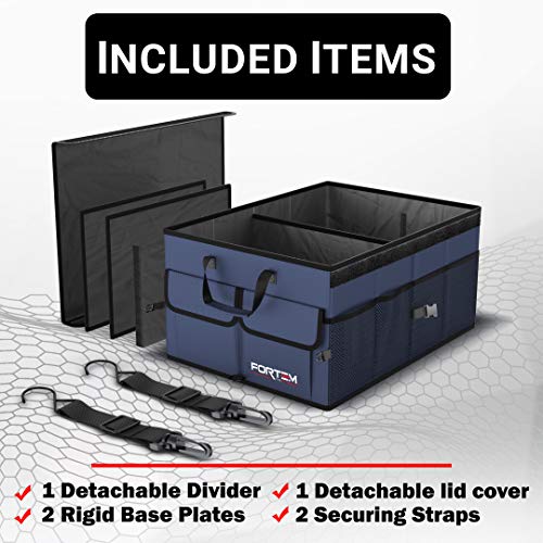 FORTEM Organizador de Maletero para Coche, Caja de Almacenamiento Plegable con Compartimentos, Base Antideslizante, Correas, Bolsillos (Azul, Organizador con Tapa)