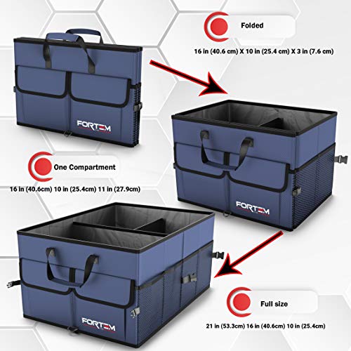 FORTEM Organizador de Maletero para Coche, Caja de Almacenamiento Plegable con Compartimentos, Base Antideslizante, Correas, Bolsillos (Azul, Organizador con Tapa)