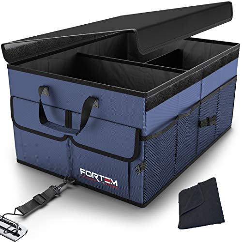 FORTEM Organizador de Maletero para Coche, Caja de Almacenamiento Plegable con Compartimentos, Base Antideslizante, Correas, Bolsillos (Azul, Organizador con Tapa)