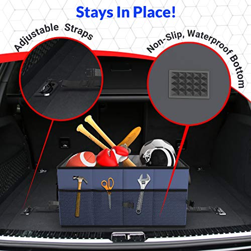 FORTEM Organizador de Maletero para Coche, Caja de Almacenamiento Plegable con Compartimentos, Base Antideslizante, Correas, Bolsillos (Azul, Organizador con Tapa)