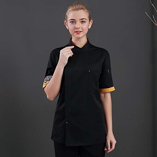 Freahap - Camiseta Camisa Cocina Chef Manga Corta para Verano Profesional Unisex, Uniforme de Chef de Moda, Chaqueta de Cocinero Camarero Negro XL