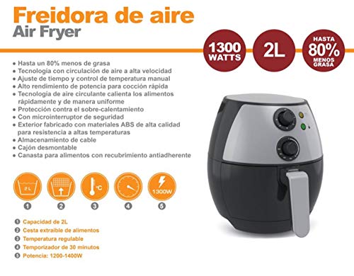 Freidora de Aire 2L. Freidora sin Aceite Dietética 1300W. Alto Rendimiento para Cocción Rápida sin Grasa, Antiadherente, Control de Temperatura y Temporizador.