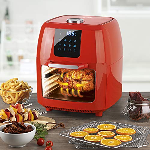 Freidora de aire caliente digital XXL Gourtmaxx 9 litros | freír sin grasa, freidora, horno y parrilla giratoria en un solo | Incluye pincho giratorio para pollo y pinchos de chirrido [1800 W/rojo]