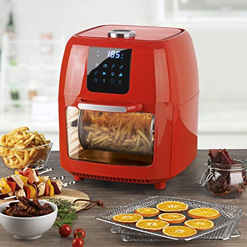 Freidora de aire caliente digital XXL Gourtmaxx 9 litros | freír sin grasa, freidora, horno y parrilla giratoria en un solo | Incluye pincho giratorio para pollo y pinchos de chirrido [1800 W/rojo]