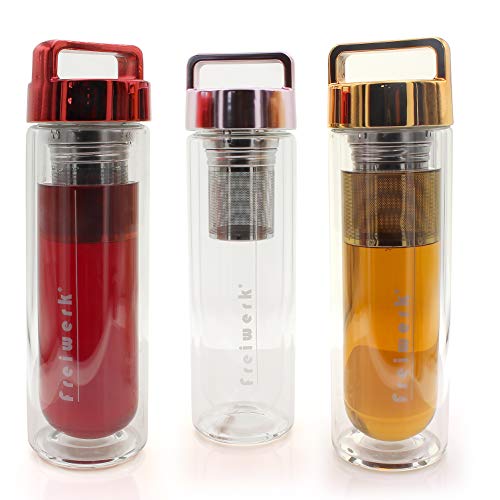 freiwerk® té Termo Botella Fabricante colador infusor Vidrio Doble Pared Tela de Neopreno Libre de BPA Tapa Gris Rojo metálico 400ml