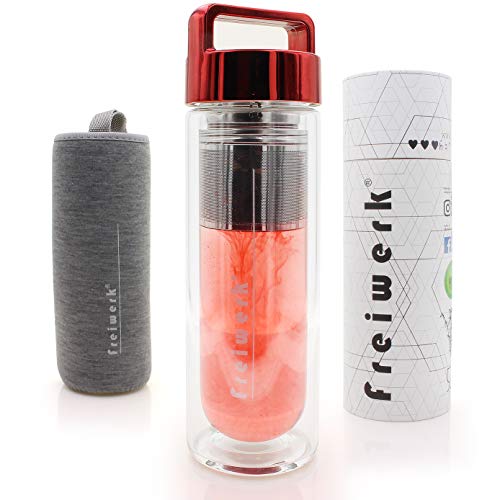 freiwerk® té Termo Botella Fabricante colador infusor Vidrio Doble Pared Tela de Neopreno Libre de BPA Tapa Gris Rojo metálico 400ml