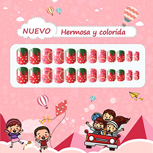 Fresa Uñas Postizas Para Niñas Con Pegamento Cubierta Completa Niños Uñas Postizas Pintadas Para Decoración de Color Uñas Kit de Uñas Falsas 24 Piezas