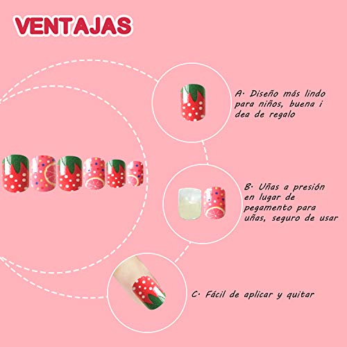 Fresa Uñas Postizas Para Niñas Con Pegamento Cubierta Completa Niños Uñas Postizas Pintadas Para Decoración de Color Uñas Kit de Uñas Falsas 24 Piezas