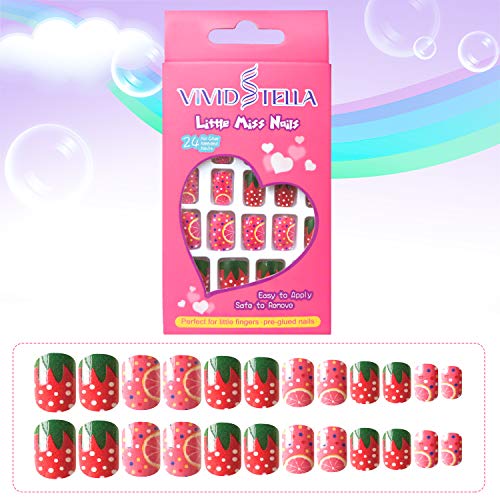 Fresa Uñas Postizas Para Niñas Con Pegamento Cubierta Completa Niños Uñas Postizas Pintadas Para Decoración de Color Uñas Kit de Uñas Falsas 24 Piezas