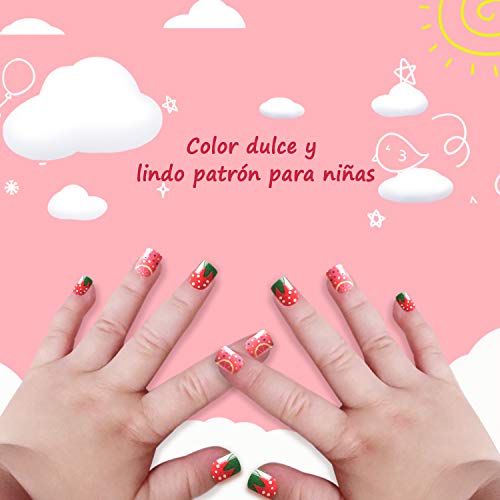 Fresa Uñas Postizas Para Niñas Con Pegamento Cubierta Completa Niños Uñas Postizas Pintadas Para Decoración de Color Uñas Kit de Uñas Falsas 24 Piezas