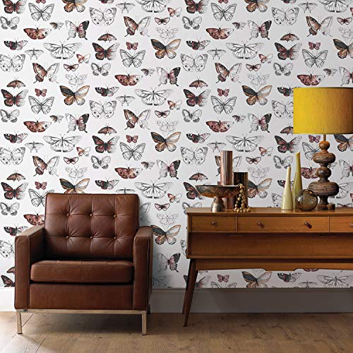 Fresco - Papel pintado para pared, diseño de mariposas, color naranja y gris