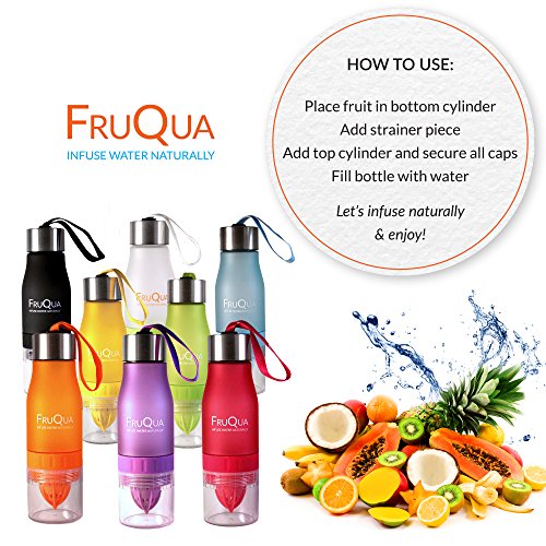 fruqua Fruits Infuser Bouteille d'eau en 7 couleurs vives, sans BPA, 650 ml pour boire avec fruits gratuite enrichi en eBook de recettes, anti-fuite, Matériau fabriqué avec Tritan, des solutions ayka orange