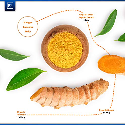 FS Curcuma en Capsulas con Jengibre y Pimienta Negra 1500mg | 180 Capsulas Veganas de Curcuma Organica | Turmeric Curcumin Certificado por Soil Association | Sin OGM, Gluten, Lacteos o Alergenos