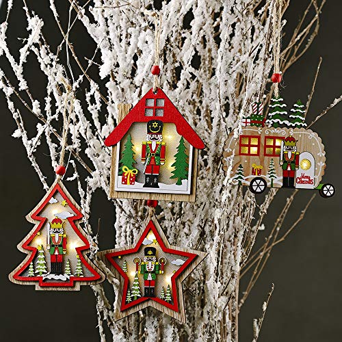 FSHB Creativo Luz Led Árbol de Navidad Colgante Colgante Estrella Coche Corazón Adorno de Madera Fiesta de Navidad Decoración de Año Nuevo, Casa