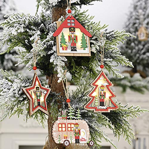 FSHB Creativo Luz Led Árbol de Navidad Colgante Colgante Estrella Coche Corazón Adorno de Madera Fiesta de Navidad Decoración de Año Nuevo, Casa