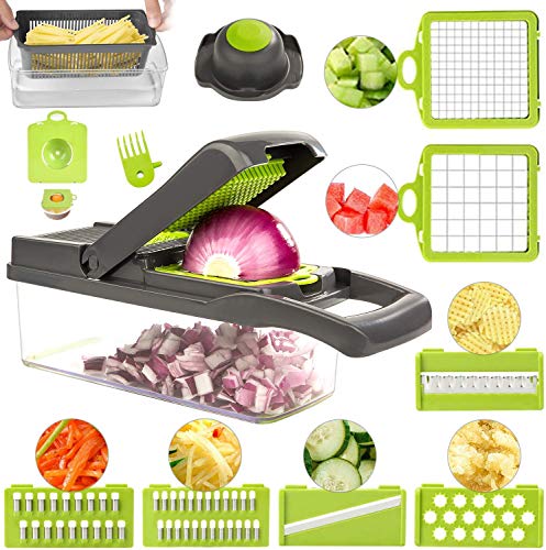 FUKTSYSM Cortador de Verdura Mandolina - 12 en 1 Rebanador de Verdura Cortador de Verdura Mandolina de Verduras, Cocina Slicer Rallador de Cuchillas Acero Inoxidable, Pelador, Protector de Manos