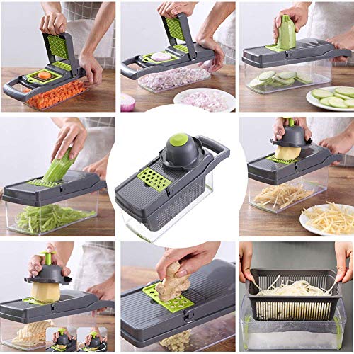 FUKTSYSM Cortador de Verdura Mandolina - 12 en 1 Rebanador de Verdura Cortador de Verdura Mandolina de Verduras, Cocina Slicer Rallador de Cuchillas Acero Inoxidable, Pelador, Protector de Manos