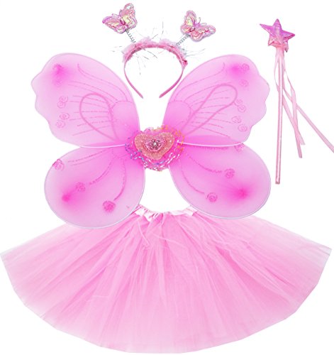 Fun Play - Disfraz de Hada para niñas - Alas de Mariposa, Tutú, Varita Mágica y Diadema - Disfraz de Mariposa o Ángel con Alas para niñas de 3-8 años - Color Rosa